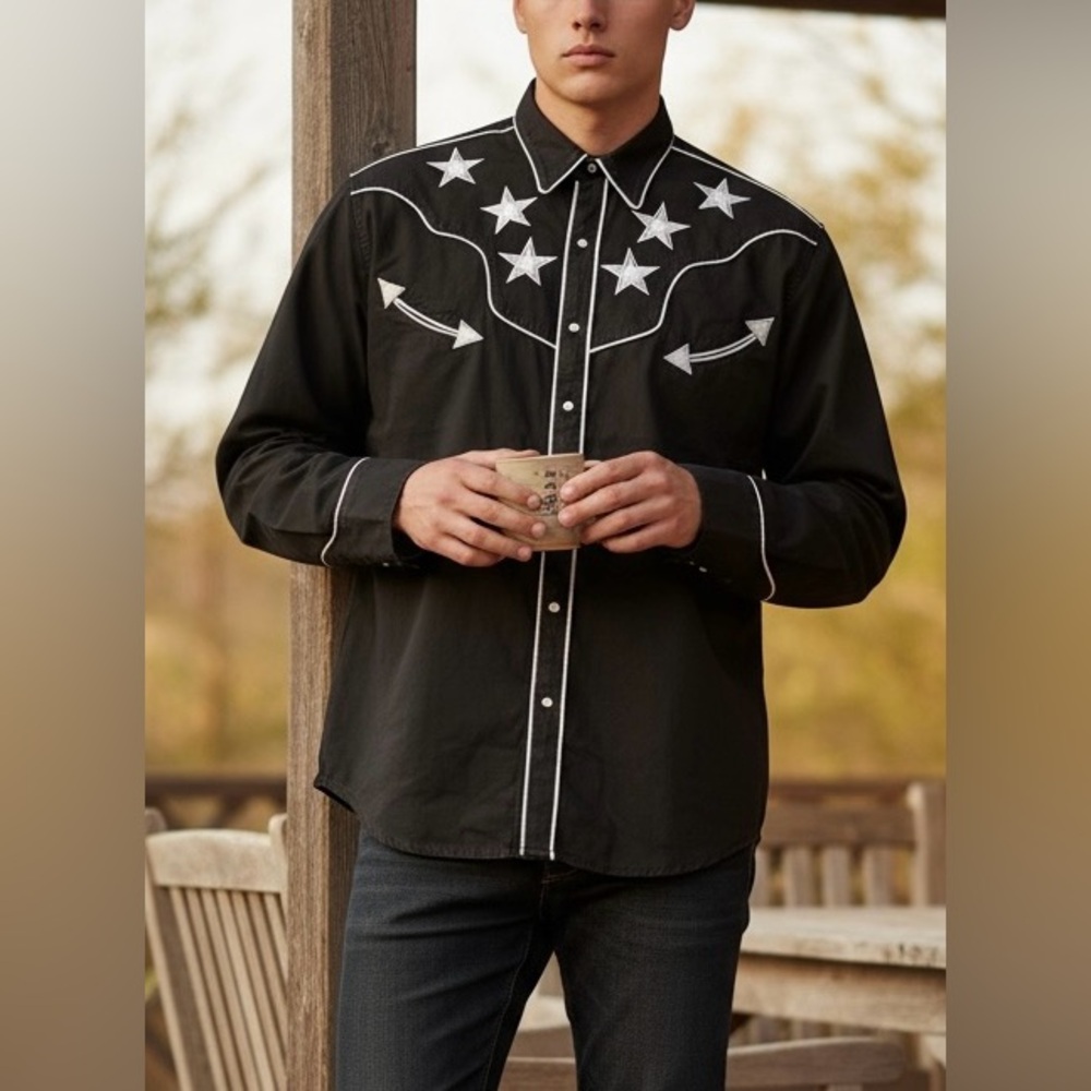 Copper Rivet Men's Western button down shirt star embroidery‎ black size 3XL